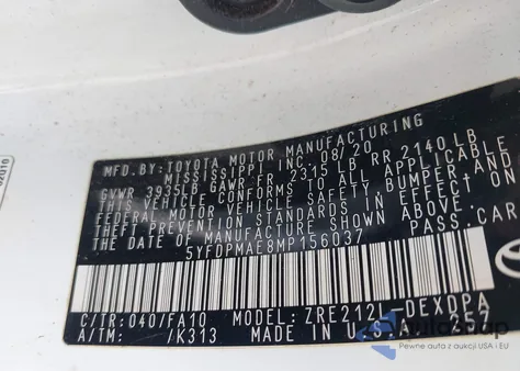 2021 Toyota Corolla L из США, поврежденный, VIN 5YFDPMAE8MP156037